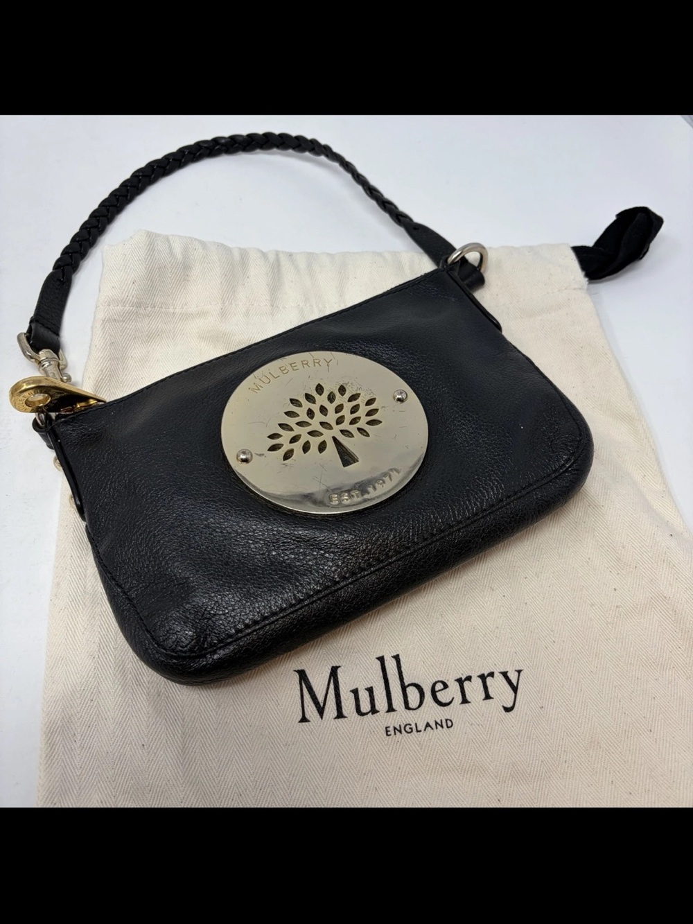 Mulberry Black Leather Mini Wristlet with Gold Tree Plaque